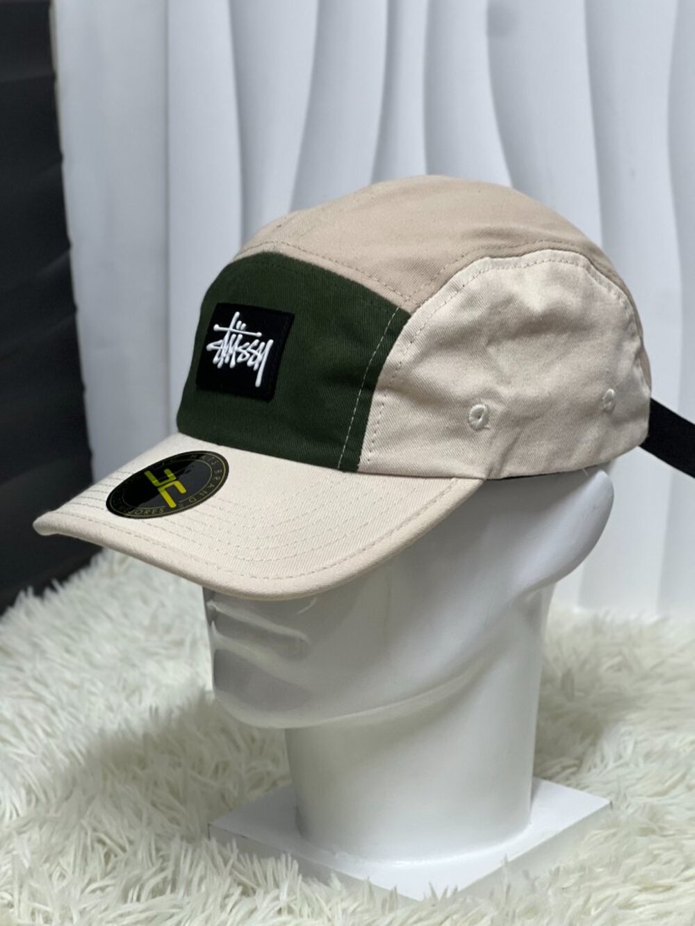 ARC Beige Green Color Block 5 Panel Camp Hat Adjustable Outdoor Streetwear Cap